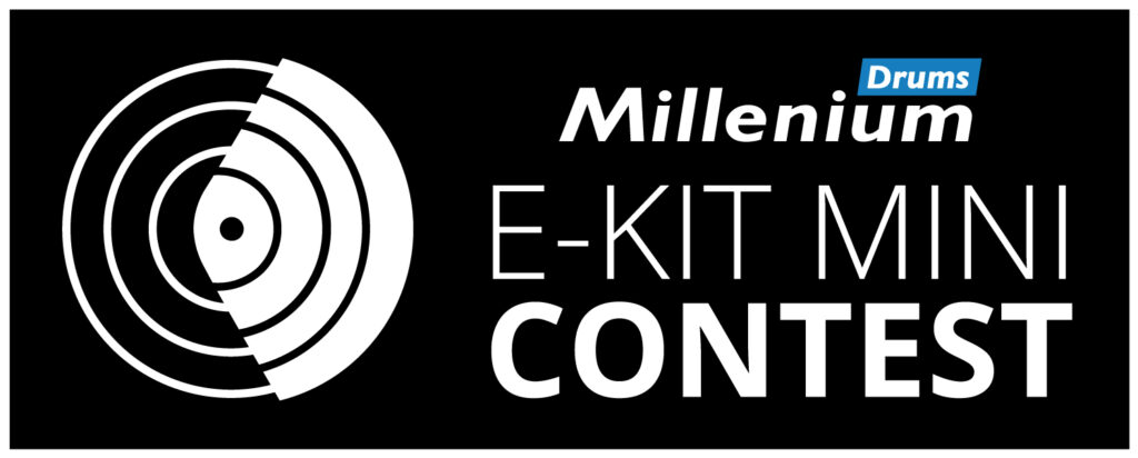 e-kit mini-contest logo in black with white lettering and an electronic cymbal as an icon at the left side and the Millenium Drums logo